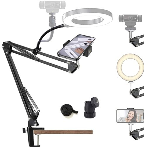 Tentucro Desktop Phone Stand Webcam Mount with Gooseneck Arm Holder, Flexible Overhead Stand for iPhone, Logitech Webcam, Ringlight, Used in Video Recording, Live Stream, Cooking, Drawing, Makeup Nail