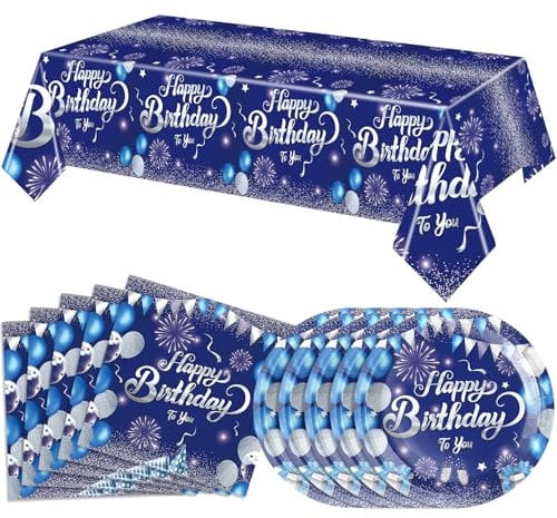 41 PCS Blue Birthday Decorations Blue and Silver Theme Tableware Sets Included Navy Blue Party Plates and Napkins Tablecloth for Men Women Birthdays Anniversary Decoration Favors