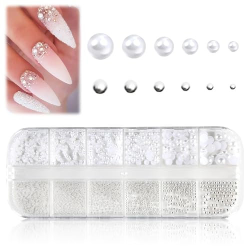 1Schachtel/12Raster Nail Art Strasssteine, Glitzersteine und Halbrunde Perlen Nägel Strasssteine Mit Glitzer Perlen Nagel Charms,Weiße Flatback-Perlen für Nagel Dekorationen Kristalle Steine