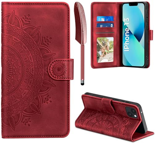 EASDNB Lederhülle für iPhone 13, Flip Wallet PU Leder Case [Kartenfach] [Magnet] [Ständer] Prägung Klapphülle Schutzhülle für iPhone 13 6.1 Zoll, Rot