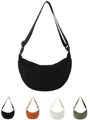 Hernin Crossbody Moon Bag Damen Cord Halbmond Schultertasche Damen Crossbody Cord Tasche Moon Bags Large Halbmond Tasche mit Verstellbarer Schultergurt (Schwarz)