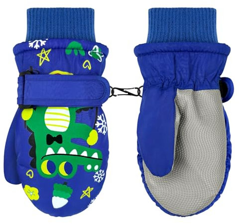 LeapBeast Kinder Skihandschuhe, 3-5 Jahre Kinderhandschuhe Wasserdicht, Winddicht Fäustlinge TPU Palme Kinderhandschuhe, Kinder Winterhandschuhe für Jungen und Mädchen (Blau - Krokodil)