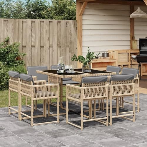 Somanki 9-TLG. Garten-Essgruppe mit Kissen Beigemischung Poly Rattan, Esstisch Mit Stühlen Set, Gartenmöbel Sitzgruppe, Balkon Möbel, Gartenlounge Set, Terrassenmöbel, Balkonmöbel Set - 3211560