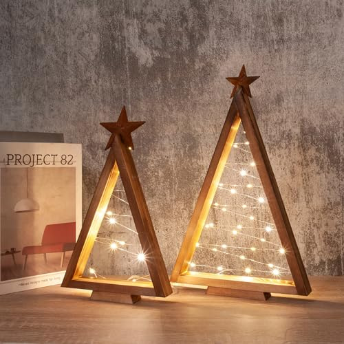 2 Pcs Tabletop Wooden Christmas Tree with Lights Small Lighted Christmas Tree Farmhouse Holiday Xmas Tree Decorations for Home Table Fireplace Mantle Shelf