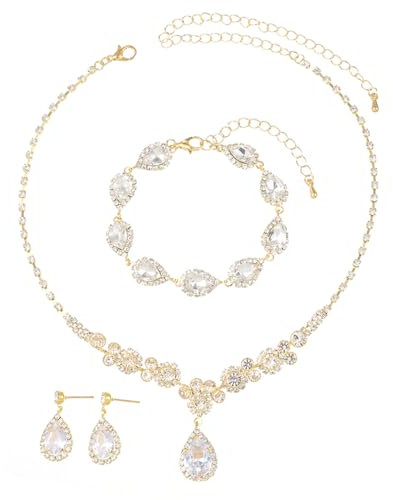 FDEETY Schmuck Set Tropfen Zirkonia Kupfer Schmuckset 3 Pcs Armbänder Ohrringe Halskette ideal für Bräute, besondere Anlässe und elegante Abendkleide（Golden）