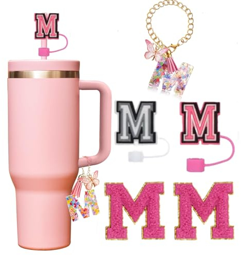 5 Pcs Reusable Straw Cover for Stanley Cup Accessories,Include 2 Pcs Dustproof Straw Covers, 1 Pcs Dustproof Straw Covers with Letter Charms and 2 Pcs Personalized Name Stickers(M)