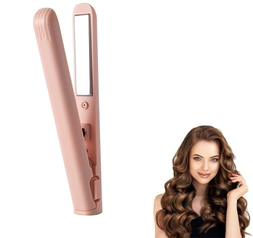 Mini Dual-Purpose Curling Iron, 2 in 1 Hair Straightener and Curler, USB Plug-in Hair Curler, Fast Heating, Portable Mini Hair Curler Iron for Short & Long Hair, for Home & Travel (Pink)