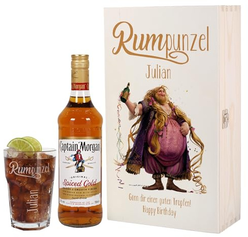 Herz & Heim® Personalisiertes Rum Geschenkset Rumpunzel mit Captain Morgan, graviertem Glas & individueller Geschenkverpackung aus Holz oder Karton – Lustiges Geschenk für Männer (Holzbox)