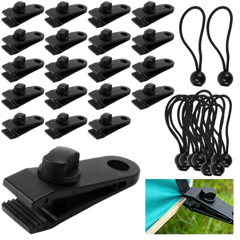 TAICHEUT 20 Pcs Heavy Duty Tarp Clips with Bungee Cords, Windproof Tarp Fasteners, Awning Clamps for Camping Tents, Caravan Covers, Black