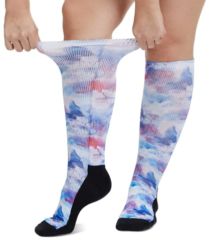LOFIR Chaussettes Diabétiques Hautes Femmes: Chaussettes Longues Sans Élastique ni Coutures Imprimées Fantaisie Polyester pour Seniors Enceintes Maison 1 Paire 47-50 Papillon