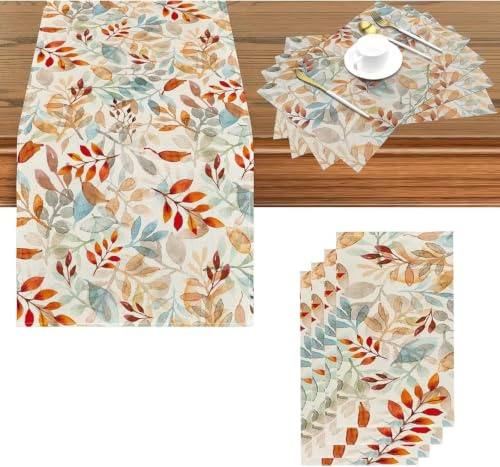 5 Stück Boho Tischläufer Set mit 4 Platzsets – Waschbarer Stoff in Herbstgrün, perfekt für Gartentisch & Outdoor Deko