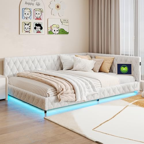 Polsterbett Tagesbett Einzelbett 140x200,Kinderbett mit LED Nachttisch mit USB-Ladeanschluss,Sofabett Jugendbett,Polsterbett Kinderbett,Ohne Matratze,Teddy Velvet (Beige+Teddy Velvet, 140x200)