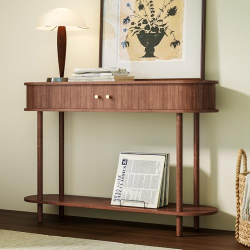 HOLTICO Konsolentisch mit Schubladen und Stauschrank, Braun Schmal Konsolentisch mit Schiebetüren, Holz Konsolentische fürs Wohnzimmer, Eingang, Hausflur, Schlafzimmer