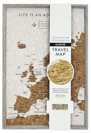 Splosh Travel Map - Grey XL Desk Europe Map Pin Board, Wooden Frame Cork Board with 100 Pins in 3 Colours to Mark Your Past and Future Adventures 45 x 31cm Framed EU Maps for Desks