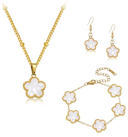 Gkaopi Vierblättriges Kleeblatt Schmuckset für Damen und Mädchen 18K Überzug Edelstahl Zweiseitig VierbläTtriges Anhänger Halskette Ohrringe Armband Hypoallergenes Glücksklee Emaille Schmuck Set