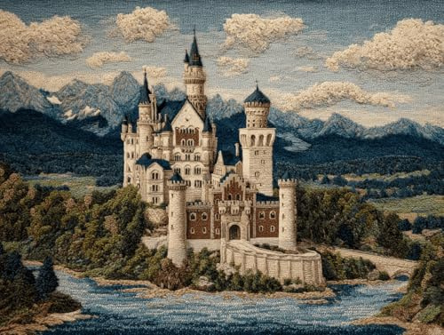 DIY Knüpfteppich Zum Selber Knüpfen,Schloss Neuschwanstein,Knüpfsets Latch Hook Kit Selbst Knüpfen Set für Erwachsene,Latch Hook Rug Kit Knüpfkissen Farbmuster vorbedruckt Für Anfänger-52x38cm