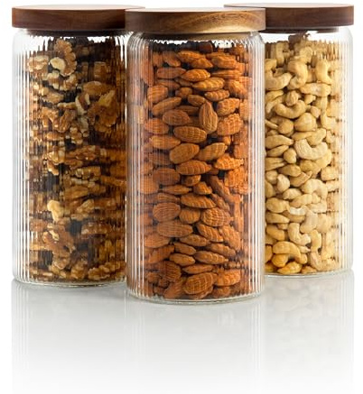 Mason & Fable Ribbed Glass Jar with Wooden Lid 1300ml -Set of 3| Airtight Glass Storage Canister for Food, Pasta, Coffee, Dog Treats, Snacks | Container for Home & Kitchen - 44fl.oz x3
