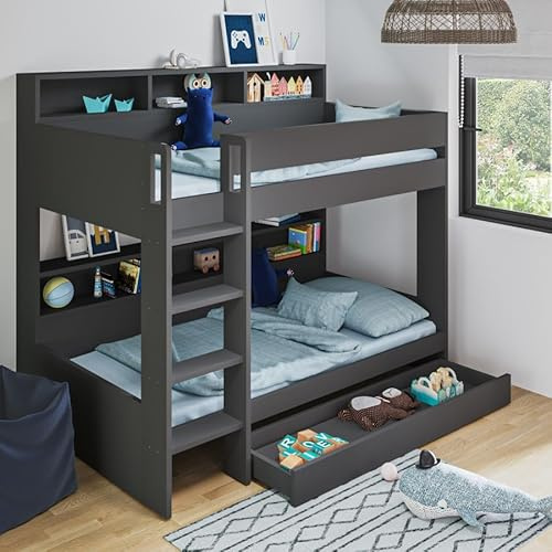 Luvon Kids Bunk Bed with Storage Shelves, Wooden Single Bunk Bed with Reversible Ladder, Space Saving Design (GREY, WITH DRAWER)