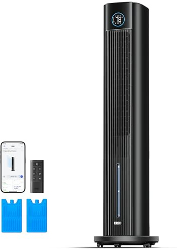 DREO Turmventilator mit Wasserkühlung, 110 cm Luftkühler mit Wasserkühlung Leise, 4-Geschwindigkeiten-4-Modi Verdunstungskühler, APP-Steuerung, Eisbeutel, 80° Oszillation, 12-Std. Timer, Schwarz
