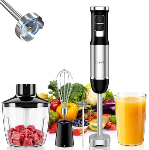 YASHE Hand Blender 1000W, 5-in-1 Immersion Blender Set | With whisk, milk frother, 500ml chopper, 600ml beaker, 6 speeds & turbo mode for soups, smoothies and baby food