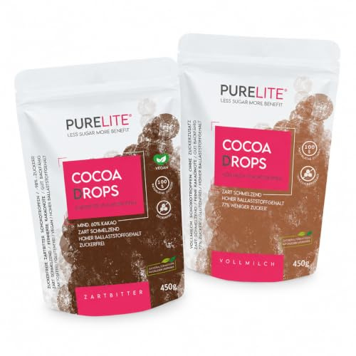PURELITE Schoko Drops Bundle Zartbitter & Vollmilch ohne Zuckerzusatz – Vegane & vegetarische Cocoa Drops mit Erythrit & Stevia zum Backen, Schmelzen, Snacken & für Fondue oder Kuvertüre, 2 x 450 g
