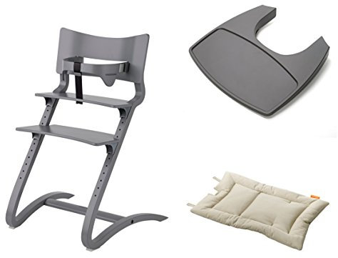 Leander Stuhl grau - Hochstuhl - Kinderstuhl - Erwachsenenstuhl mit Babybügel + Tablett grau + Kissen vanille