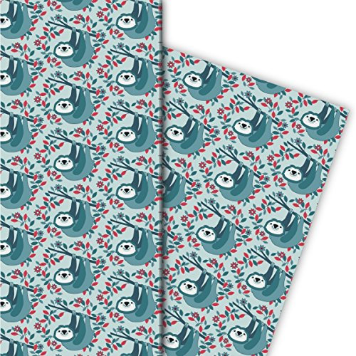 Wunderschönes Faultier Geschenkpapier Set (4 Bogen), Dekorpapier, Papier zum Einpacken mit Blättern und Blumen, für tolle Geschenk Verpackung und Überraschungen 32 x 48cm