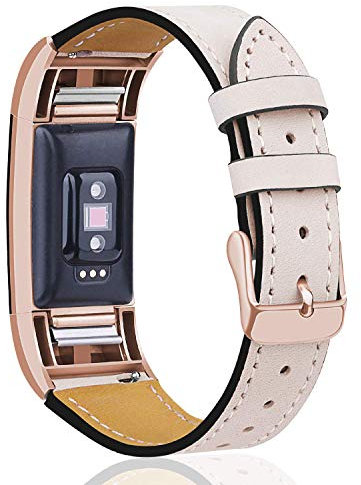 Mornex Für Charge 2 Armband, echte Leder Armbänder, Unisex Ersatzband mit Metall Konnektoren(5,5-8,1), Rose Gold & Helles Beige