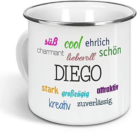 printplanet - Emaille-Tasse mit Namen Diego - Metallbecher mit Design Positive Eigenschaften - Nostalgie-Becher, Camping-Tasse, Blechtasse, Farbe Silber, 300ml
