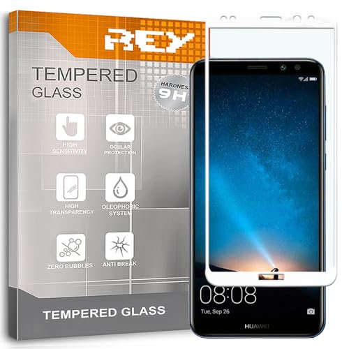 REY Protector de Pantalla Curvo para Huawei Mate 10 Lite, Blanco, Cristal Vidrio Templado Premium, 3D / 4D / 5D