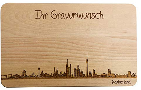 Brotzeitbrett Deutschland Skyline | Frühstücksbrettchen aus Buche | Holz Schneidbrett | Deutschland Souvenir mit Gravur | Frühstücksbrett (Brett L (26x16x1,5cm), 2. mit persönlicher Gravur)