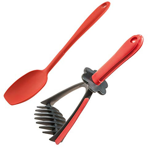 Kochblume Kartoffelstampfer & Soßenlöffel L 2er Set | Premium-Silikon | Hitzbeständig | Spülmaschinenfest | Farbe: rot