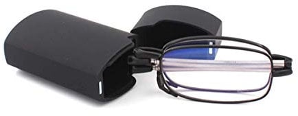 Faltbare Lesebrille aus Edelstahl Mini Anti-Blau Sehnhilfe für Damen und Herren Lesehilfe mit Hartschalen-Etui(Schwarz,+1.5)