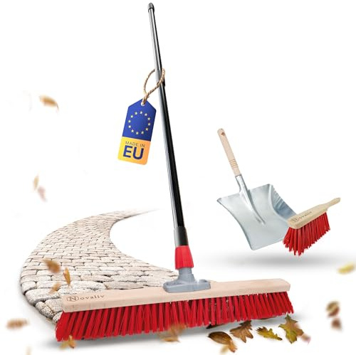 Novaliv Straßenbesen Set 80 cm I Besen Kehrschaufel und Handfeger Teleskopstiel I Elaston rot I mit Stiel ausziehbar I Industriebesen Kehrbesen Gartenbesen Hofbesen
