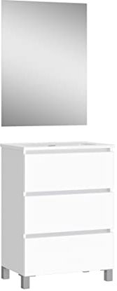 Baikal Conjunto de Mueble de Baño suspendido a la Pared con Fondo reducido, con Lavabo y Espejo, Tres cajones, Medidas de 50cm Blanco Mate