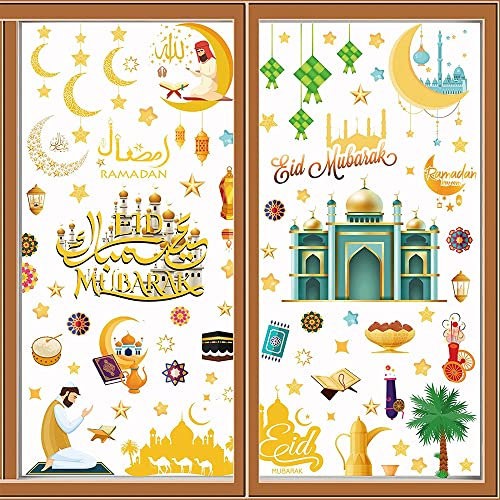 MEZHEN Ramadan Eid Mubarak Dekoration Fensterbilder Eid Mubarak Fenstersticker Ramadan Sticker Fenster Deko Aufkleber Mond Fensterdeko Muslimische