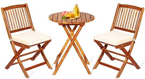 RELAX4LIFE Conjunto de Mesa y Sillas de Jardín de Madera de Acacia, Mesa y Sillas Plegable con 2 Cojines de Asiento Quitable para Terraza, Jardín y Balcón, Muebles de Jardín (Φ60x74cm+58x47x86cm)