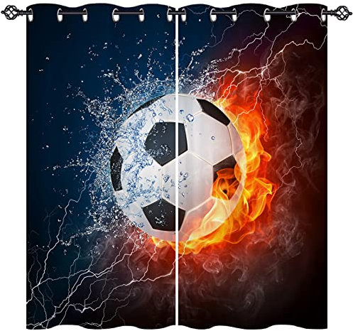 ANHOPE Sport Thema Flamme Fußball Vorhänge mit Ösen Blickdichte Gardinen Thermo Vorhang Blackout Curtain Schlafzimmer Wohnzimmer Kinder Jungen Mädchen Verdunklungsvorhänge 2er Set H 138 x B 117 cm