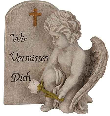 Grabschmuck Engel mit Kreuz & Inschrift „Wir vermissen Dich“ wetterfeste Trauerfigur Grabdeko Engel sitzend mit Rose 8 cm hoch & 11,5 cm breit Erinnerung Friedhof & Gedenkstätte (Wir vermissen dich)