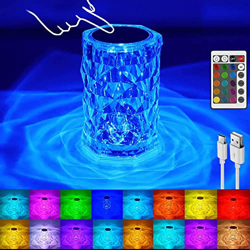 YeahBoom LED Kristall Tischlampe,2000mAh 16 Farben Touching Control Rose Crystal Lampe,Nachttischlampe Touch Dimmbar mit Fernbedienung,RGB Farbwechsel Nachtlicht für Schlafzimmer Wohnzimme