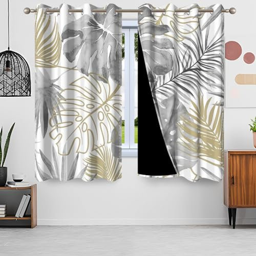 Uiiooazy Gardinen Abstrakte Kunst, Vorhang Mitte Jahrhundert Grau Gold Palmenblätter Tropische Pflanzen Schattierungsvorhänge Blickdicht Fenster Vorhänge für Wohnzimmer Schlafzimmer Balkon 140x145cm