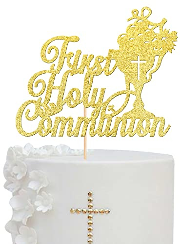 Xsstarmi 1 Pack First Holy Communion Cake Topper Christian Baptism Cake Picks Religious God Bless Baby Shower Kids Birthday Cake Decorations for Wedding Baptism Christening Party Supplies Gold