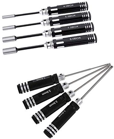 Aflytep Lot de 4 tournevis hexagonaux pour modélisme RC - Clé à douille - 4,0/5,5/7,0/8,0 mm et 4 tournevis hexagonaux de 1,5 mm, 2,0 mm, 2,5 mm, 3 mm