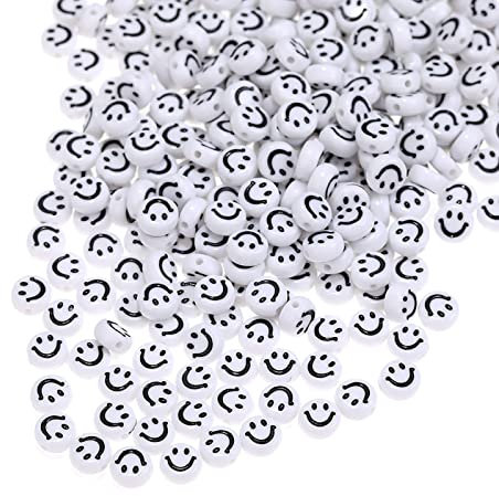 200 Stück Weiß Acryl Smiley Gesicht Perlen 7mm Pony Scheibenmünze Schwarz Emaille Lächeln Gesicht Lose Abstandshalter Perlen für DIY-Schmuck Armband Handy-Anhänger machen