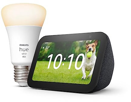 Echo Show 5 (3ª generazione) | Antracite + Philips Hue White Lampadina LED Smart (E27), compatibile con Alexa - Kit di base per Casa Intelligente