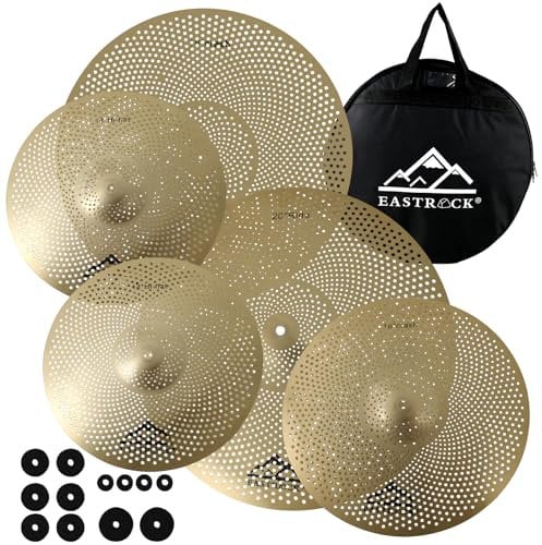 EASTROCK Set di piatti a basso volume con custodia per piatti, feltrini per piatti da 35,6 cm, 40,6 cm, crash, 45,7 cm, crash, 50,8 cm, 50,8 cm, ride, 5 pezzi, per batteristi, per allenamento (Dorato)