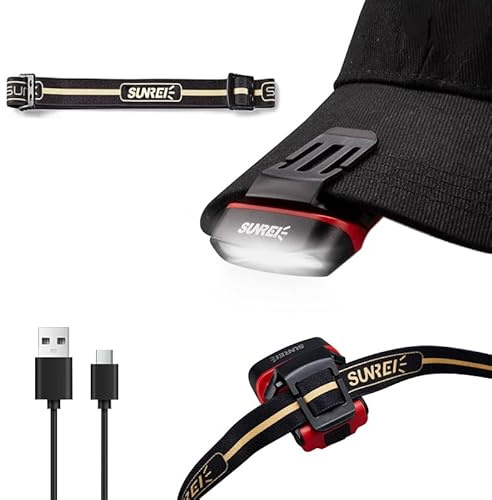 SUNREI Wiederaufladbare Bewegungssensor Clip on LED Hut Licht mit 150 Lumen & 600mAh Stirnlampe, Drehbare Kopf Taschenlampe für Angeln Camping Laufen Handarbeit, Inklusive Stirnband (Rot)