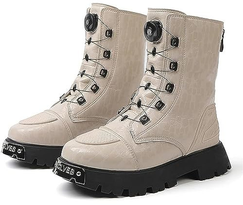 DJFOG Stivali da moto da donna, scarpe da moto alte con supporto alla caviglia, stivali da moto impermeabili antiscivolo in pelle casual,Beige,39
