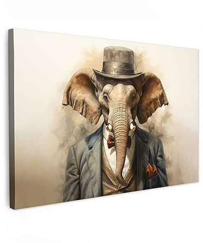MuchoWow© Bilder Groß 120x80 cm XXL Wohnzimmer Deko Modern Wandbild Foto auf Leinwand Bild Schlafzimmer Room Decor Geschenke Vintage - Elefant - Hut - Anzug - Licht - Tiere
