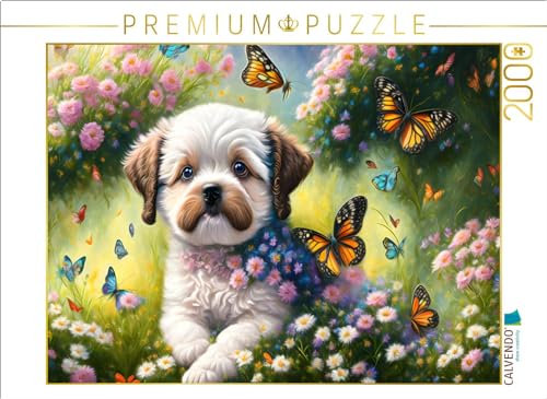 CALVENDO Puzzle Süßer Kleiner Hund mit Schmetterlingen | Lege-Größe cm Foto-Puzzle für glückliche Stunden